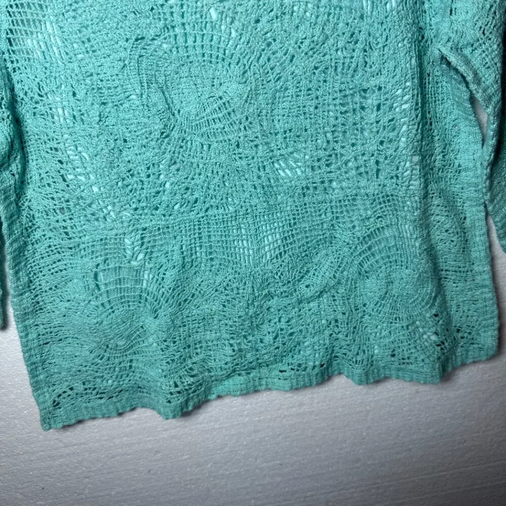 Soft Surroundings Womens Medium Aqua Blue Crochet Boho Pullover Top 3/4 Sleeve